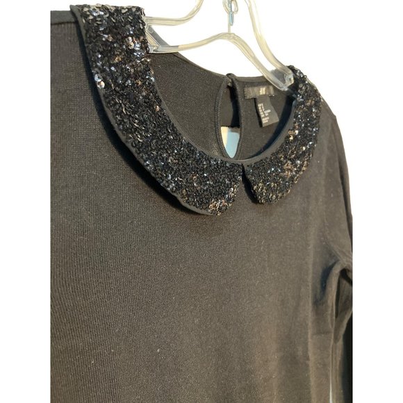 H&M Black Top Sweater Sequined Sparkling Peter Pan Collar Blouse - Picture 2 of 8